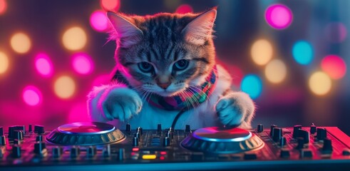 Stylish DJ Cat Behind a Booth of Colorful Lights: The Perfect Invitation for Party, Humorous Content, and Music Event Promotion