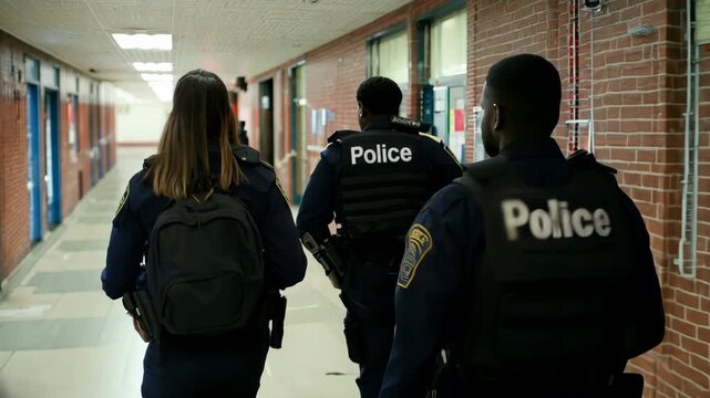 Police officers responding to school shooting, walking down hallway in emergency situation