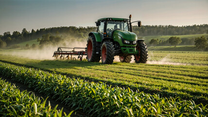 Fototapeta premium A Tractor spraying pesticide on a green field. Agriculture, chemical, farming