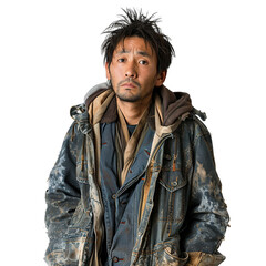 Front view mid body shot of a heartbroken homeless Asian man in disheveled jacket & jeans, showcasing loneliness, isolated on a white transparent background