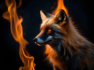 Fototapeta premium scary fox in the night in fire