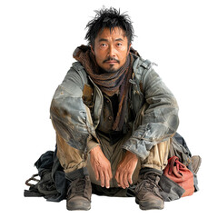 Front view mid body shot of a melancholic homeless Asian man in worn-out jacket & pants, projecting sadness, isolated on a white transparent background