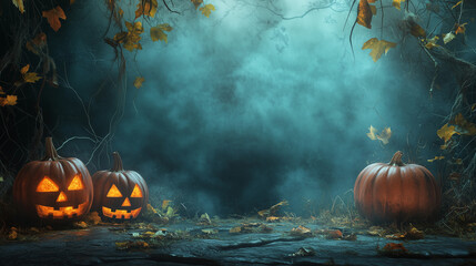Halloween theme background for presentation, with Halloween attributes on the left and right, the central part has a lot of free space, image is a photograph, ultrarealistic, cinmeatic, high quality