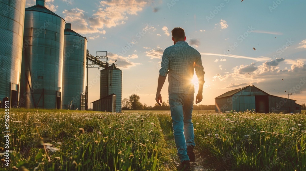 Poster a man walks through a field with a sunset in the background