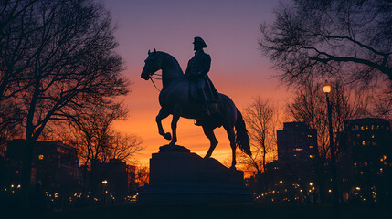 George Washington Equestrian Statue at Public Garden at night in Boston Equestrian statue of George Washington Equestrian statue of George Washington Garden, Generative AI