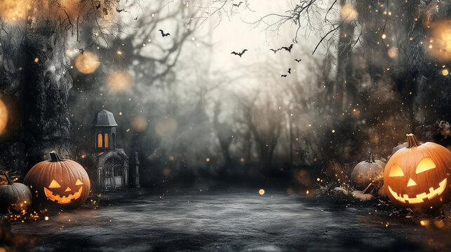 Halloween theme background for presentation, with Halloween attributes on the left and right, the central part has a lot of free space, image is a photograph, ultrarealistic, cinmeatic, high quality
