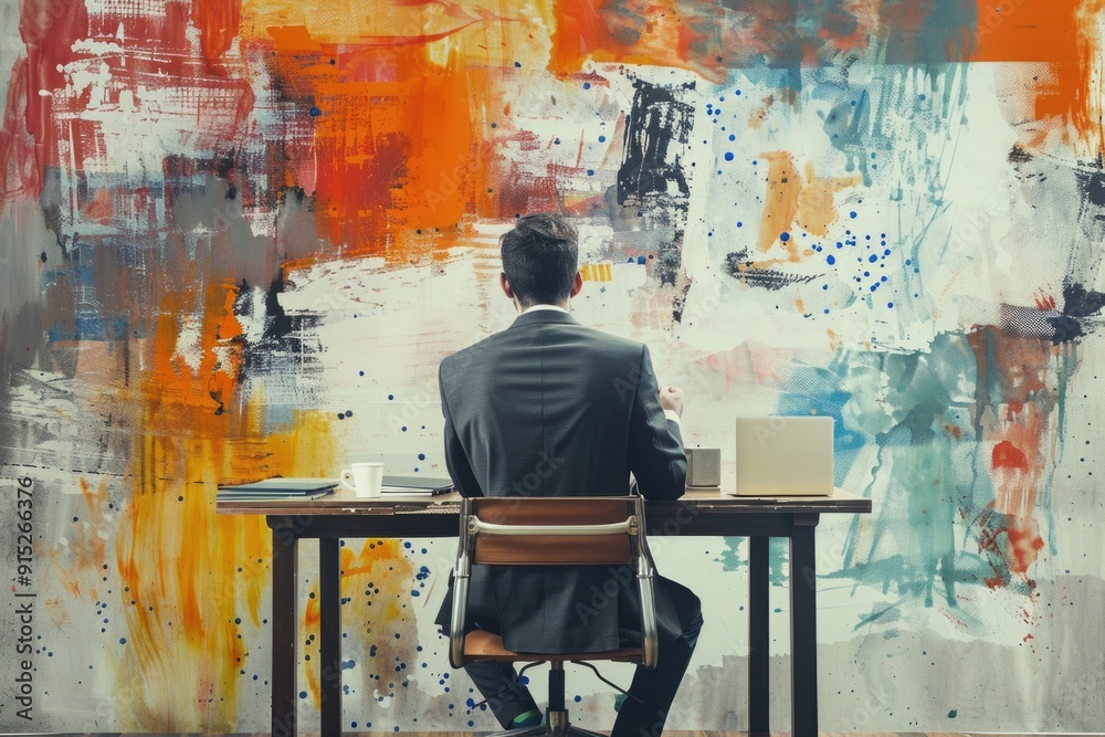 Poster A person sitting at a desk with a laptop open, likely working or studying