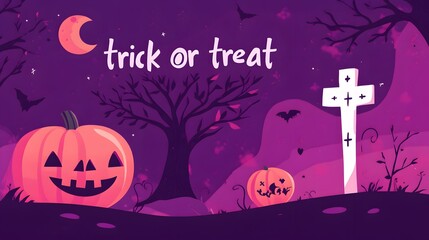 A Halloween themed poster  or background with bats flying around a graveyard and a cross. The poster headline "Trick or Treat"