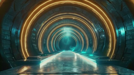 Futuristic tunnel with glowing arches and reflective floor in a neon-lit environment.