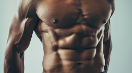 Close-up of a well-defined muscular torso showcasing strength and fitness, highlighting a toned physique under soft lighting.