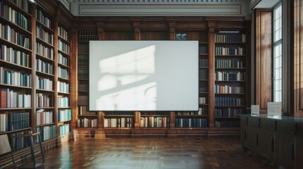 An elegant library with tall bookshelves, wooden floors, and a central projection screen ready for a presentation.