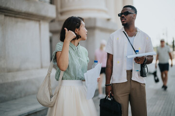 Two businesspeople of different ethnicities discussing business while standing outdoors. Multicultural colleagues engaged in a professional conversation in an urban setting