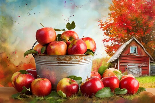 Ripe red apples in a basket on a farm with colorful autumn foliage and a rustic barn in the background.