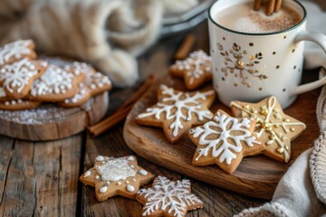 Fototapeta premium Christmas cookies and hot cocoa on a rustic table, cozy holiday background, copy space for text
