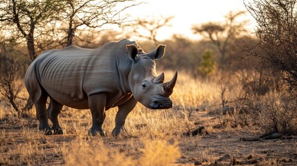 Fototapeta premium White Rhino at Sunset in African Savanna