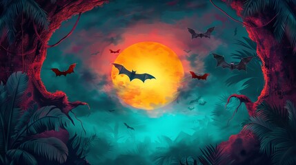 Surreal night with bats flying against a vibrant full moon. Mystical ambiance created by colorful sky and silhouettes of bats.