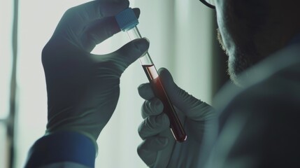 A lab technician carefully examines a blood sample vial, focusing intently in the dimly lit laboratory, highlighting the precision and dedication in scientific research.