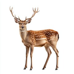 Fototapeta premium A Spotted Deer with Large Antlers Posing Against a White Background
