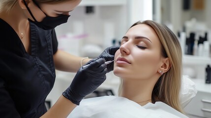 A beauty therapist applies makeup to a client in a modern salon during a daytime appointment