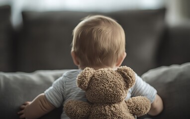 Baby and Teddy Bear on a Couch
