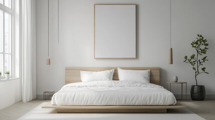A minimalist bedroom featuring a cozy bed with soft linens, bathed in natural light, perfect for a serene and tranquil living space.