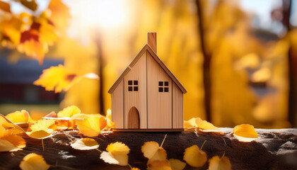 Miniature wooden house and golden autumn leaves, fall scenery. Real estate concept. Autumnal season