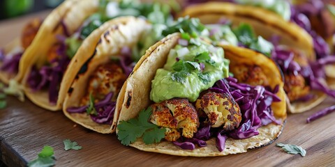 Close-up of vegan tacos with grilled tofu, purple cabbage, guacamole, and fresh cilantro, served on soft tortillas, vibrant and fresh, selected focus


