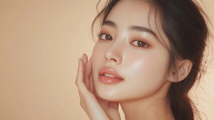 Fototapeta premium A young woman poses elegantly with a soft glow on her skin in a warm setting