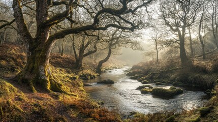 Naklejka premium Sunlight Filtering Through Trees by a Stream