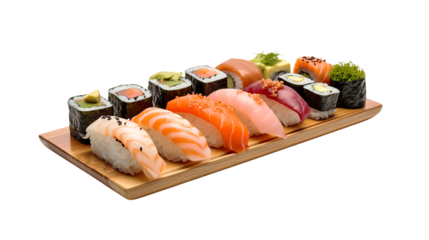 Beautifully arranged sushi platter with various types of sushi, isolated on transparent background