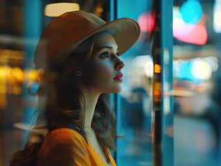 Obraz premium A woman sits at a window, wearing a hat and gazing outside