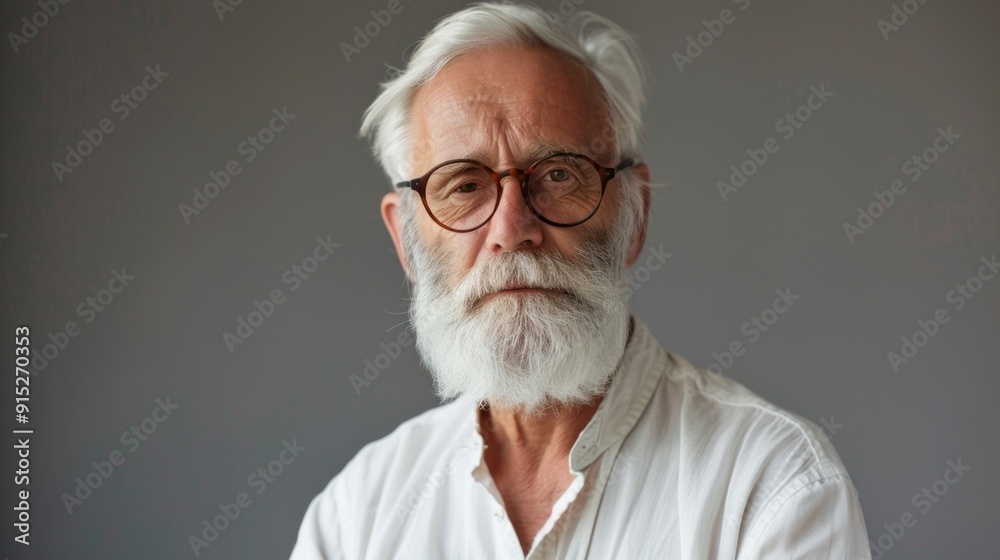Poster a man with a beard and glasses is standing in front of a gray wall