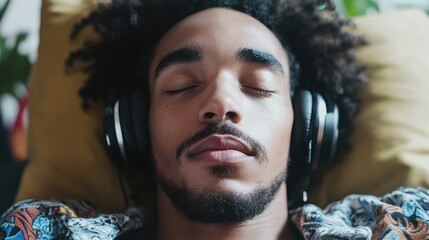 Fototapeta premium A person lying down on a couch wearing headphones, likely listening to music or podcasts