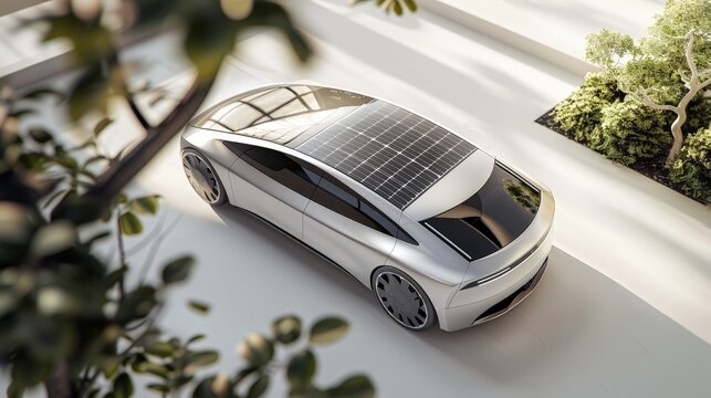 Develop a 3D model of an eco-friendly electric car. Emphasize its sleek design, solar panels on the roof, and a modern, minimalist interior.