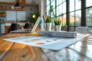 A property blueprints and investment charts on a sleek table. Generative AI