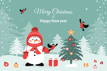 Festive greeting card, background, banner with a cute snowman, Christmas tree, gifts and birds. Vector winter design.