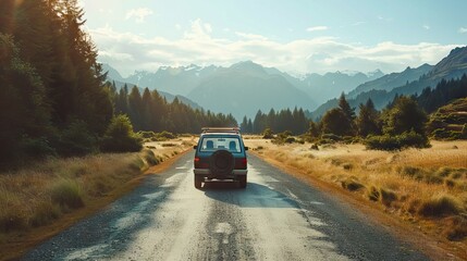 Blur curve road in green autumnal forest mountains in the national park with orange sunlight. Soft focus nature landscape sunrays flare background. AI generated illustration