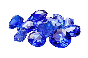 Fototapeta premium Glistening Blue Gems Reflecting Light on a White Surface Creating a Dazzling Display of Sparkle and Color on Transparent PNG Background.