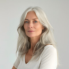 Fototapeta premium Beautiful Mature European woman close up portrait. Beautiful gorgeous 40-50s mid aged mature lady looking at camera isolated on white. 