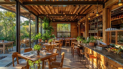 Thai restaurant with nature forest trees. Interior design. AI generated illustration