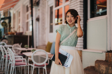 A gorgeous, Asian woman smiles and poses outside a cafe holding notes and a book, radiating confidence and style.