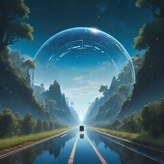 Ethereal Landscape, Sleek Vehicle Beneath Glowing Dome