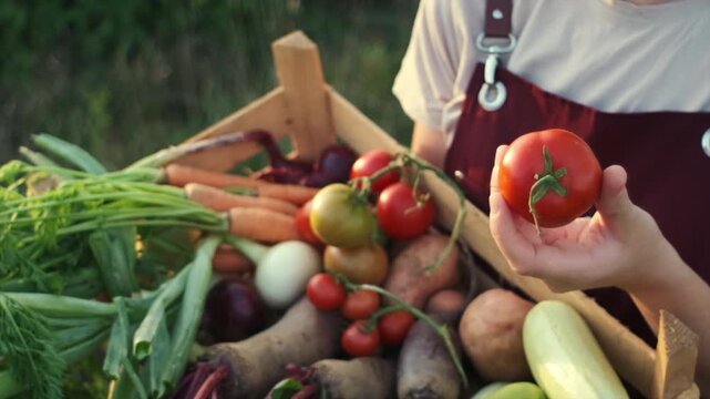 Close up female hands hold wooden box with fresh vegetables harvest standing in fields at sunset. Box with carrot, potato, tomatoes, zucchini and beets. Healthy eating and vegetable. Selective focus