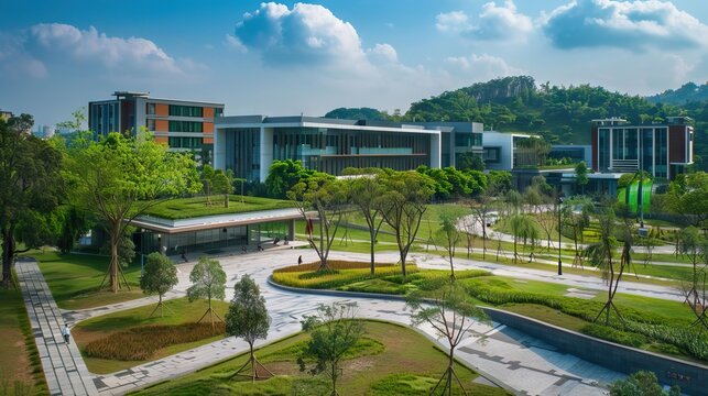 green, beautiful, downtown, asia, architecture, travel, landmark, modern, city, tourism, building, cityscape, street, view, landscape, business, rive. AI generated illustration