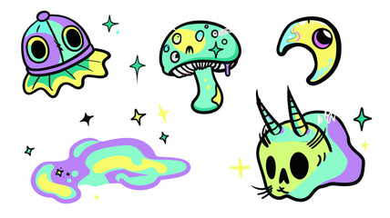 weird psych animal monsters of fluorescent colors, icons, characters, vector separated on transparent background, set of cartoon fluo elements