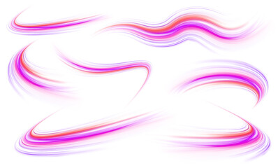 Set of neon speed lines on transparent background PNG. Abstract background in blue and purple neon glow colors. 	