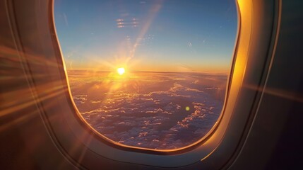Fototapeta premium Envision watching the sunrise from an airplane window, the horizon slowly brightening and the world below awakening.