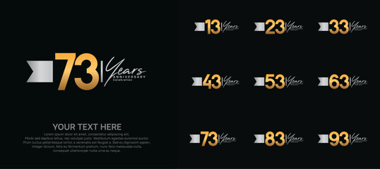 anniversary logotype set. gold number and silver ribbon for celebration