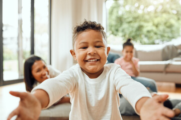 Portrait, family and son with hug, pov and happiness in house, cheerful and relax with smile. Face,...