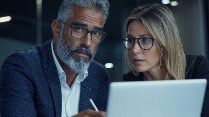 Obraz premium a man and woman looking at a laptop